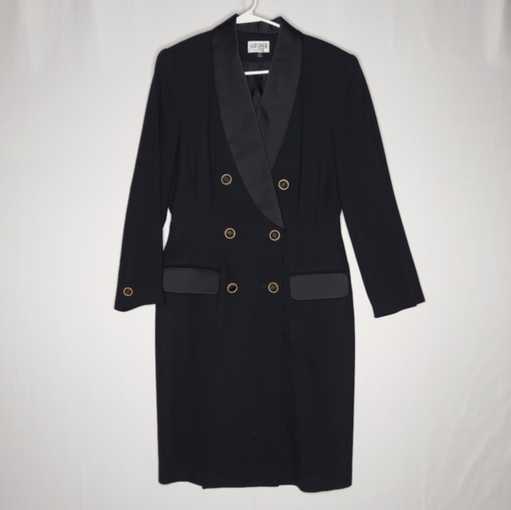 Kasper ASL Dbl-Breasted Wool Sheath Dress 10 Black Gold Button V-Neck Old Money